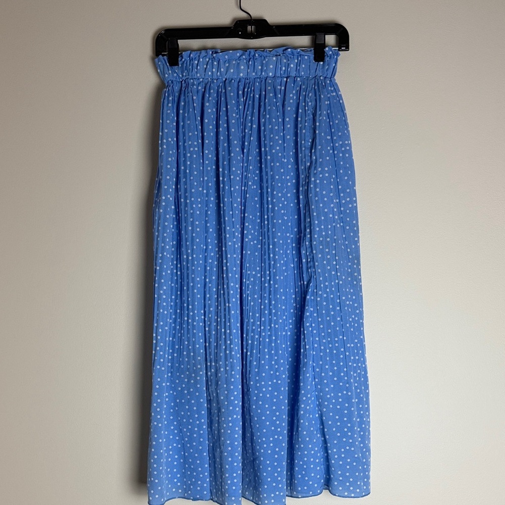 Exlura Blue White Polka Dot A-Line Pleated Skirt Elastic Waist Size S